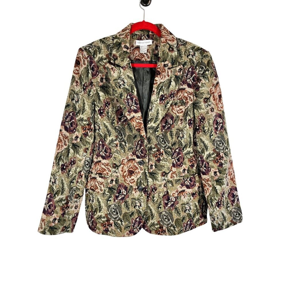 Vintage Floral Tapestry Blazer Tan 16 Earthy 90s Retro Indie Folk Colorful Chic